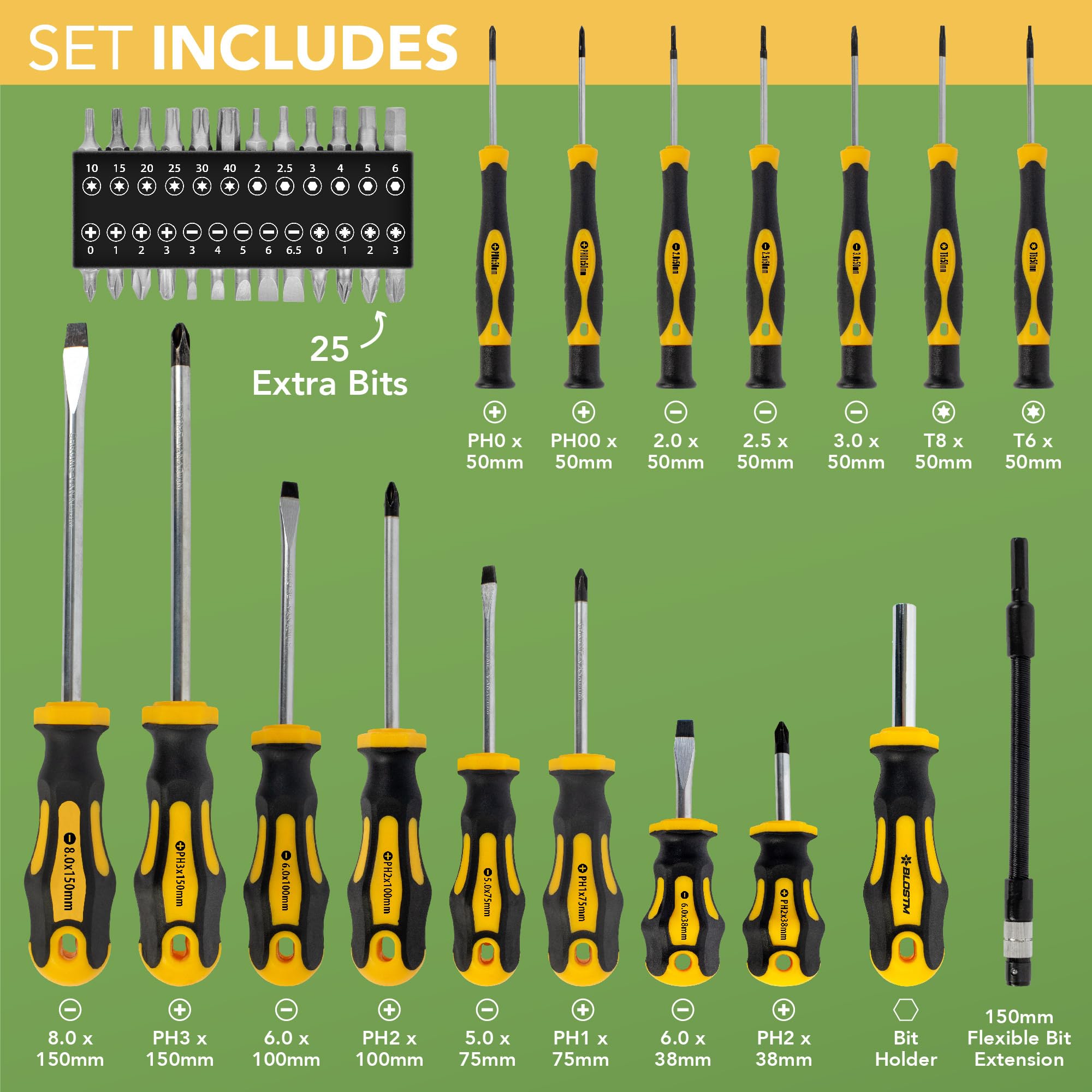 BLOSTM Premium Magnetic Screwdriver Set - 42pcs Screwdrivers with Magnetic Tips & Comfort Grip, Cross-Head, Flat Heads & Heavy Duty Storage Case - Precision Screwdriver Set - 42PCS