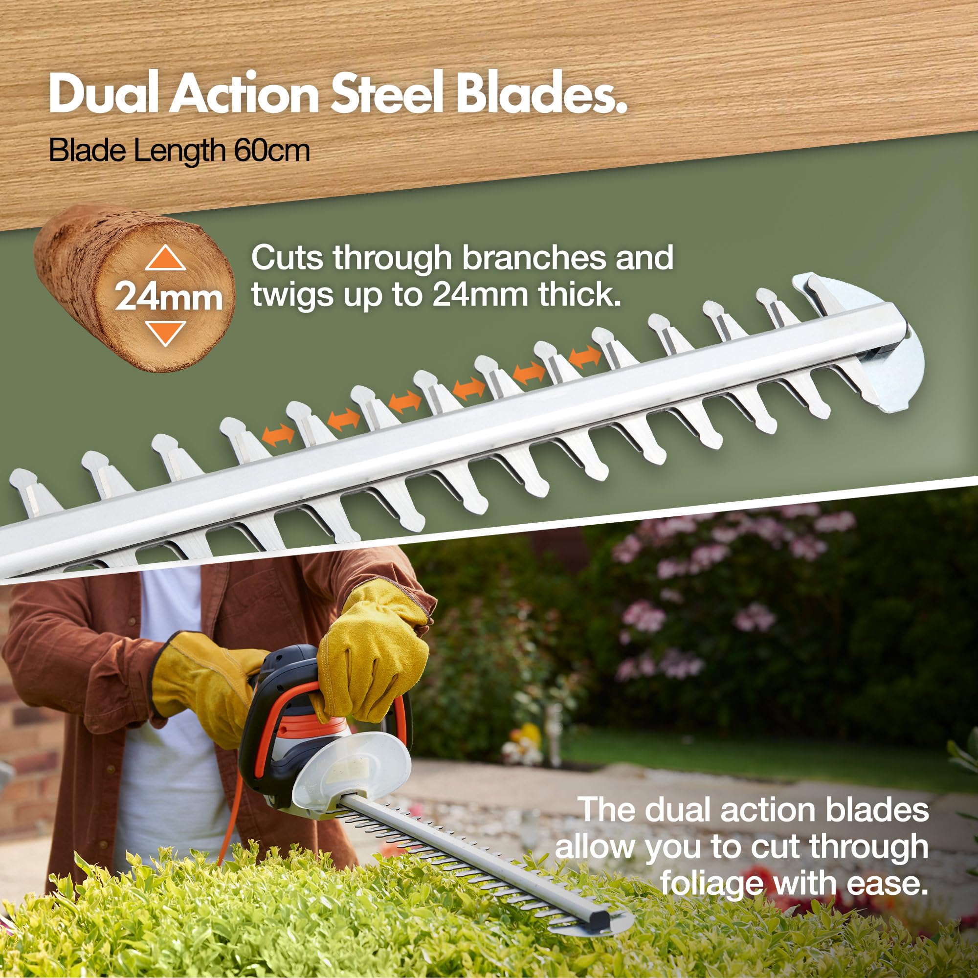 VonHaus Hedge Trimmer 710W – Electric Lightweight Cutter for Hedges, Branches, Shrubs, Twigs – Comes with Blade Cover, 10m Cable, 61cm Blade, Rotating Handle, 2 Stage Safety Trigger