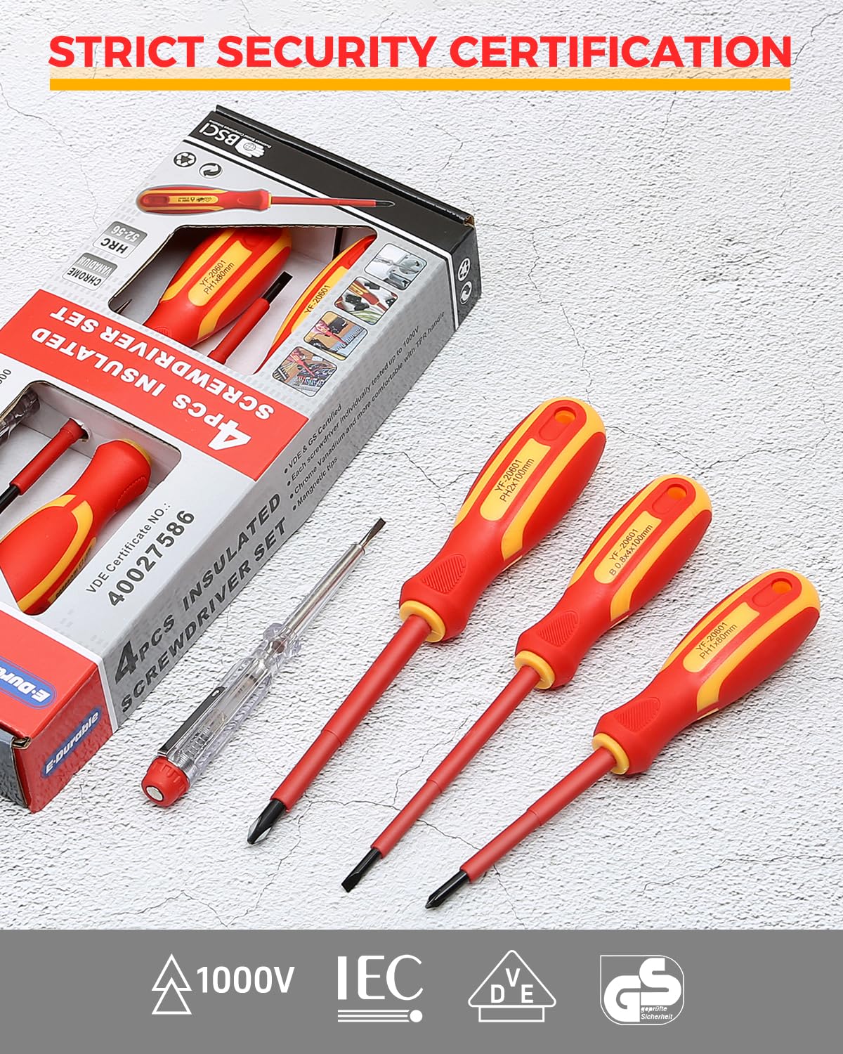 E·Durable 4pcs VDE Screwdriver Set, Magnetic Insulated Screwdriver Set to 1000v, Multifunctional Tool Kit Chrome Vanadium Screwdrivers TPR Handle for Home and Professional Use, Red