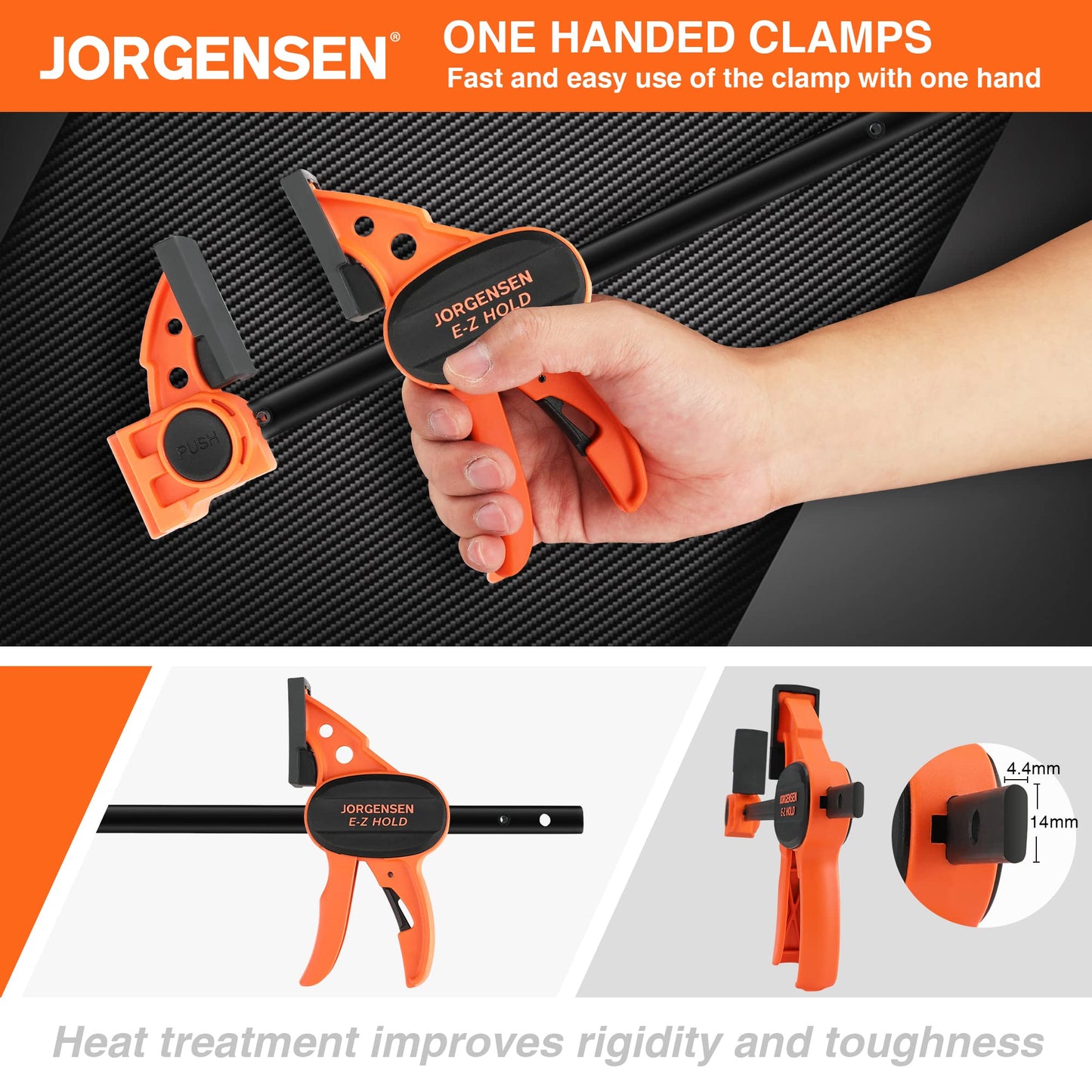 JORGENSEN 150 mm Woodworking Clamps 4-Pack, Splicable to 400 mm Ratchet Bar Clamps, Quick Release Clamp Set, 290 mm Spreader, One Handed Wood Clamp, Max 68 kg Load Limit