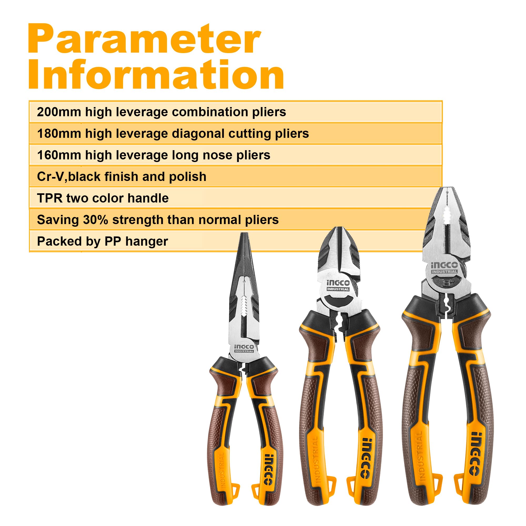 INGCO 3Pcs High Leverage Pliers Set, 8" Combination Pliers and 7" Diagonal Cutting Plier and 6" Long Nose Plier HKHLPS2831