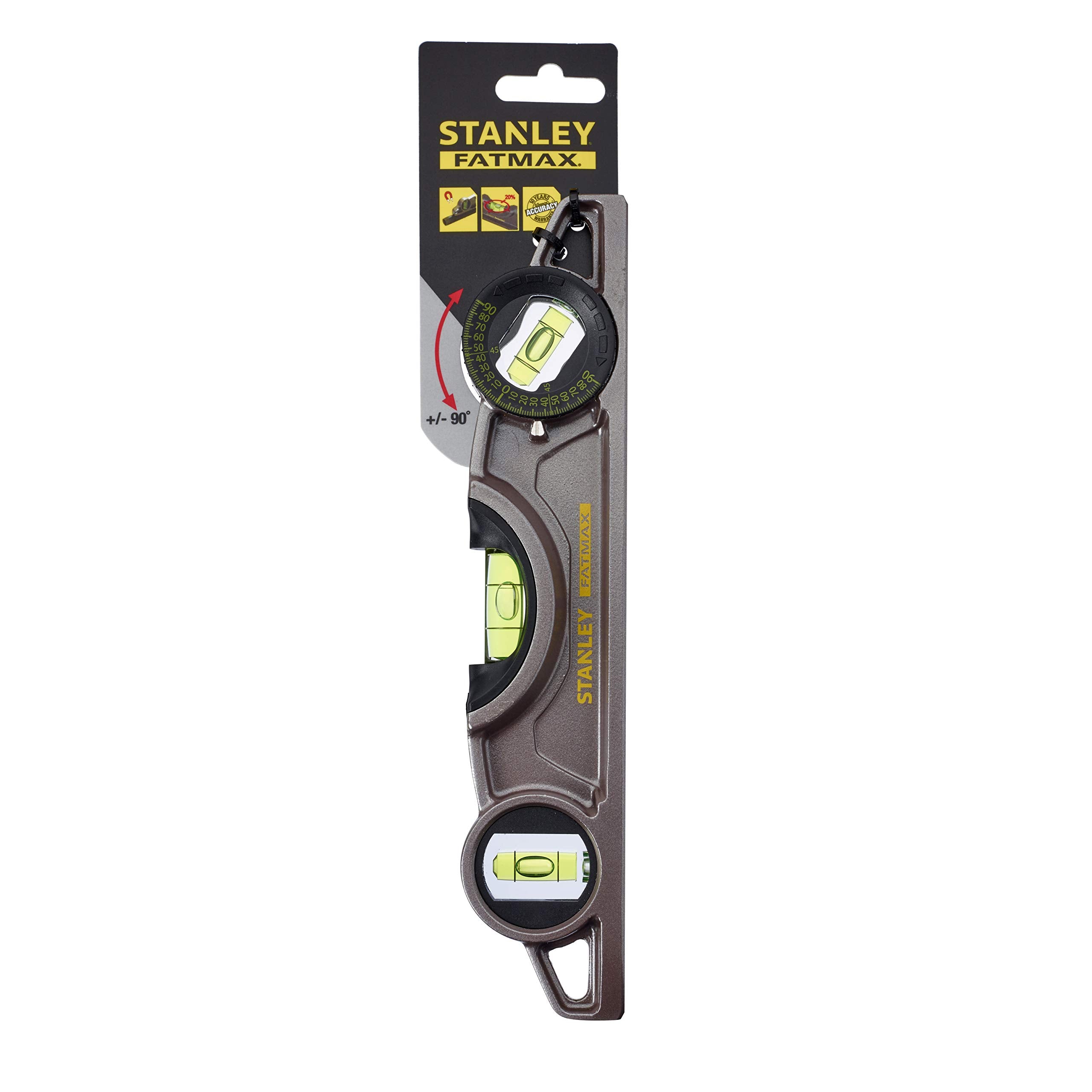STANLEY Torpedo Level Heavy Duty Aluminium Body and Magnetic Base Including 3 Reversible Vials 0-43-609, Grey/White, 25cm