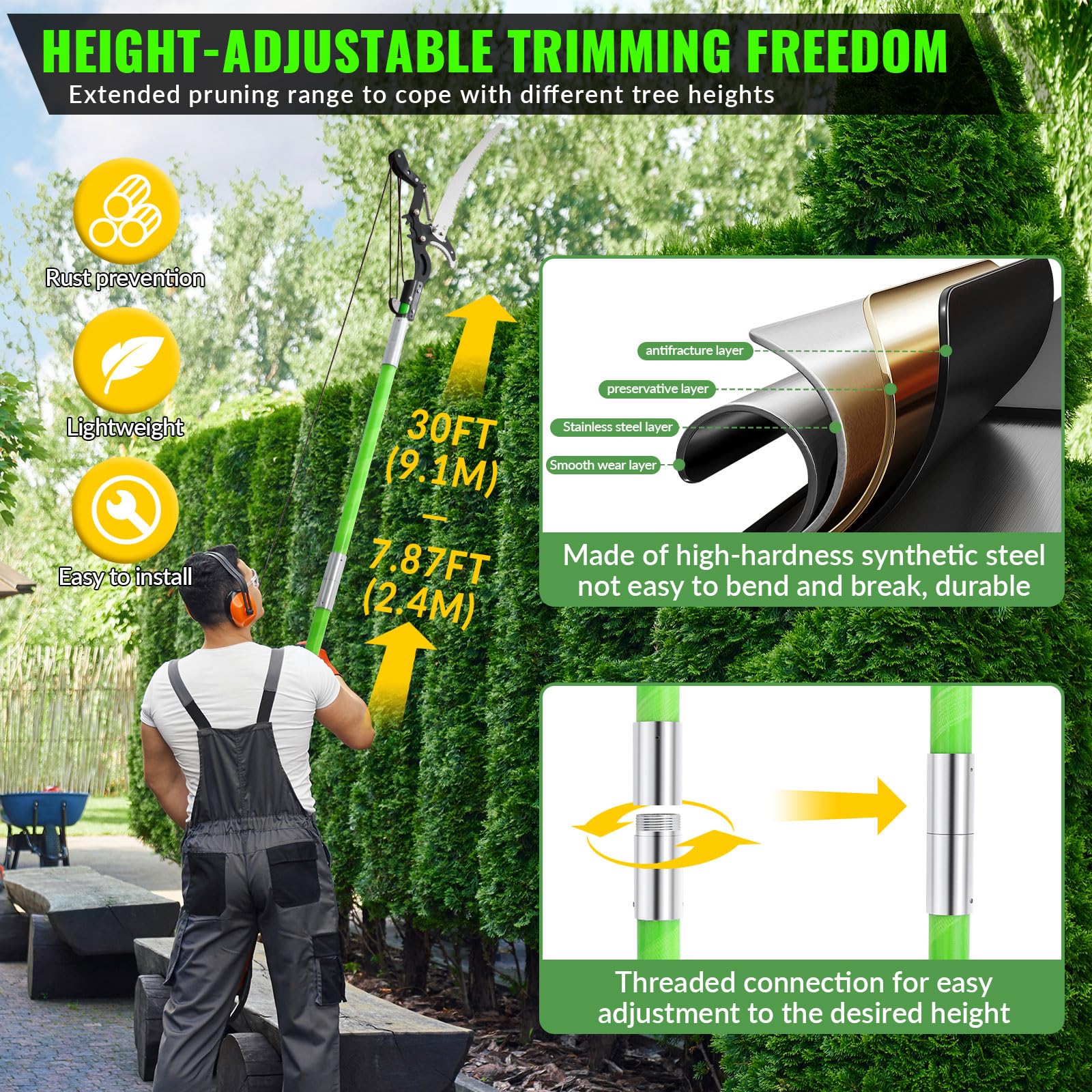 Pole Pruning Saw 30 Foot Long Handle Adjustable Length, Manual Pole Saw High Branch Scissors with Carry Bag and Sturdy Pole, Telescopic Tree Pruner Long Reach for Palm Oak High Branches