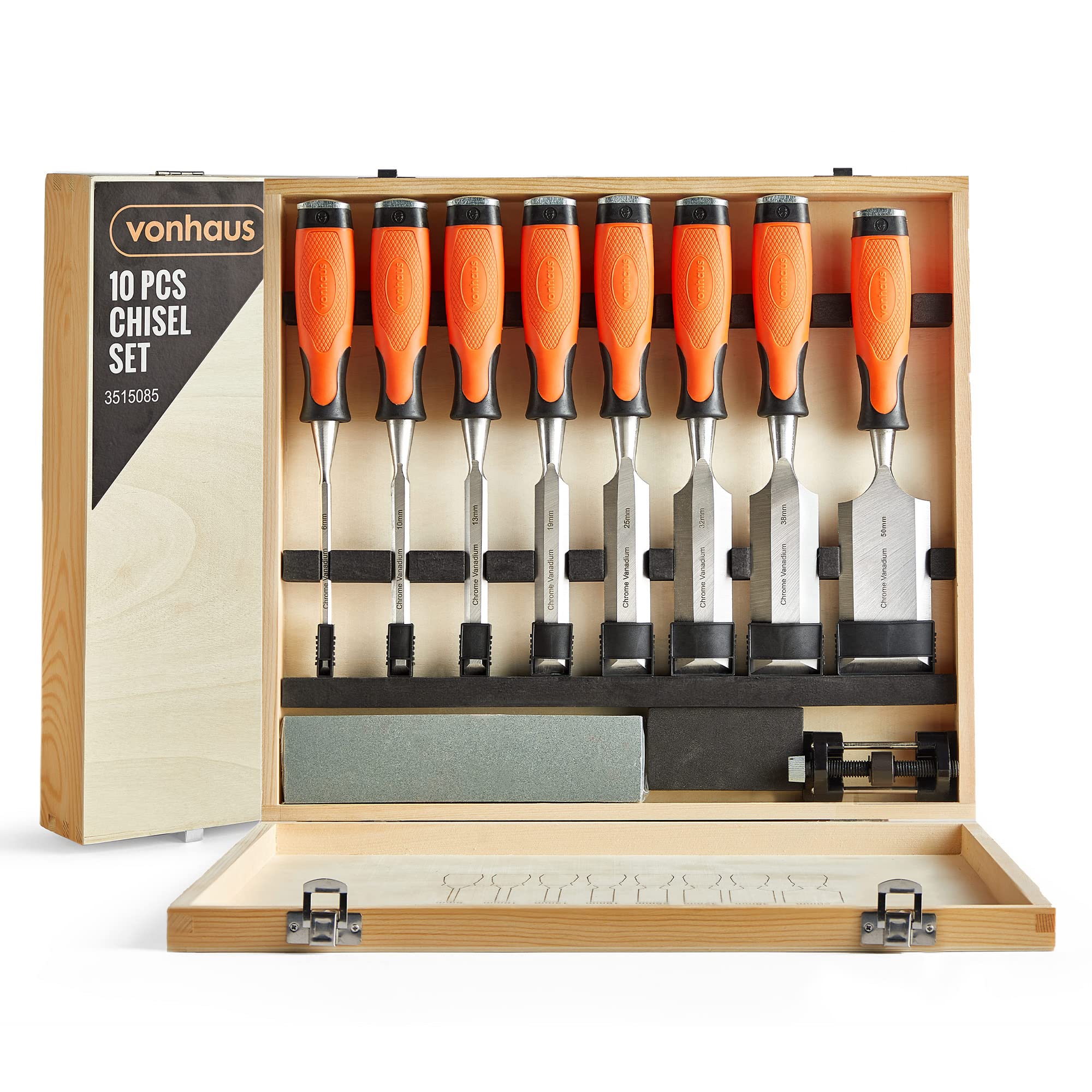 VonHaus Chisel Set - 10pcs Woodworking Tools Set - Wood Carving Tools, Wood Chisel Sets with Sharpening Stone, Honing Guide and Storage Case