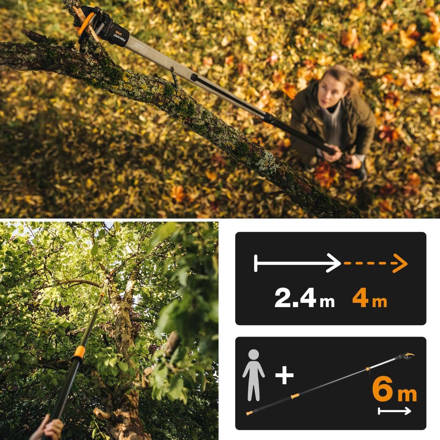 Fiskars PowerGear X Telescopic Tree Pruner UPX86, Non-stick Coated, Steel Blade/Aluminium Handle, Length 2.4 - 4 m, Black/Orange, 1023624