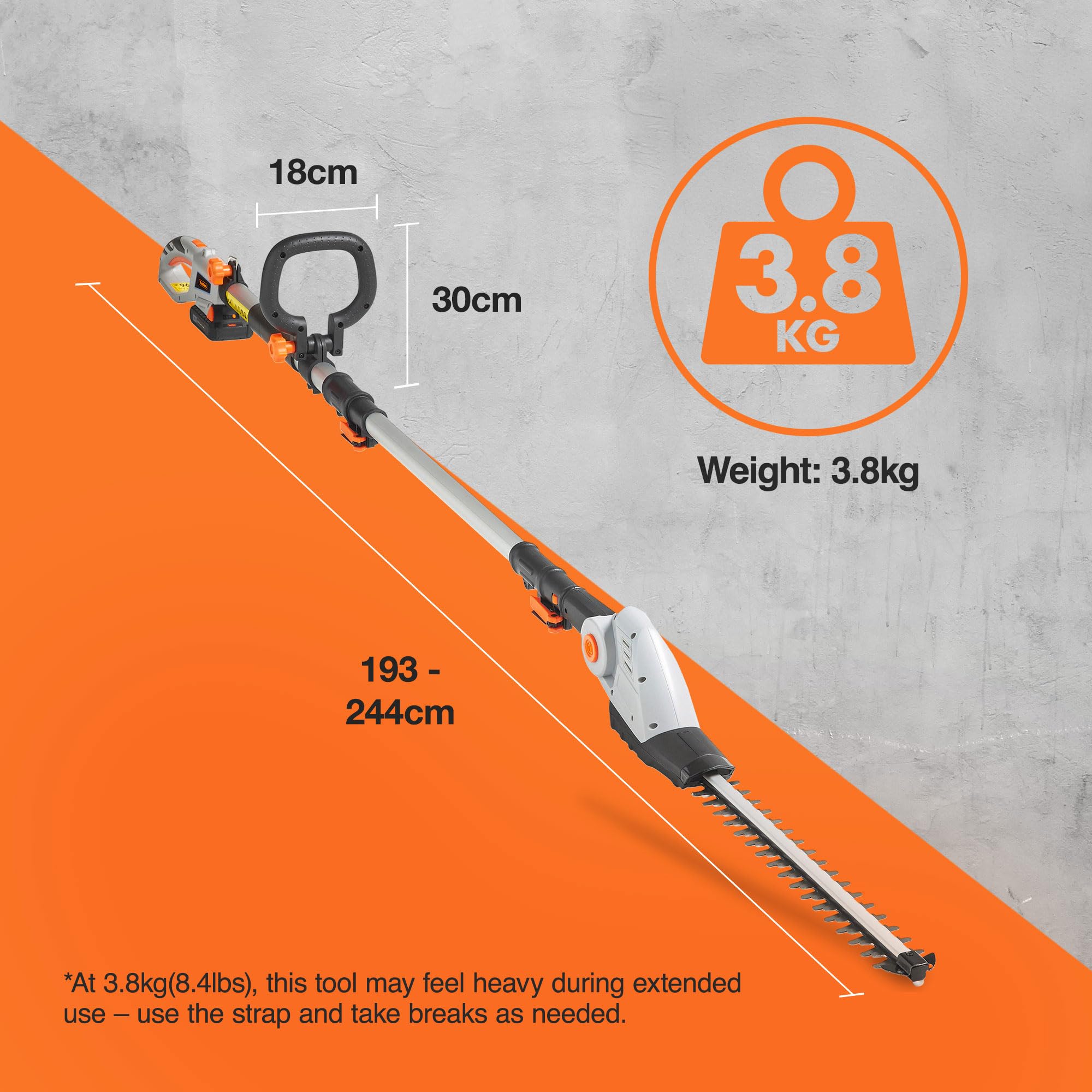 VonHaus Pole Hedge Trimmer Cordless – Long Reach Telescopic Extendable Cutter for Hedges, Bushes, Branches, Shrubs – 20V Battery, Charger, Shoulder Strap, 135° Adjustable Head, Dual Action Blades