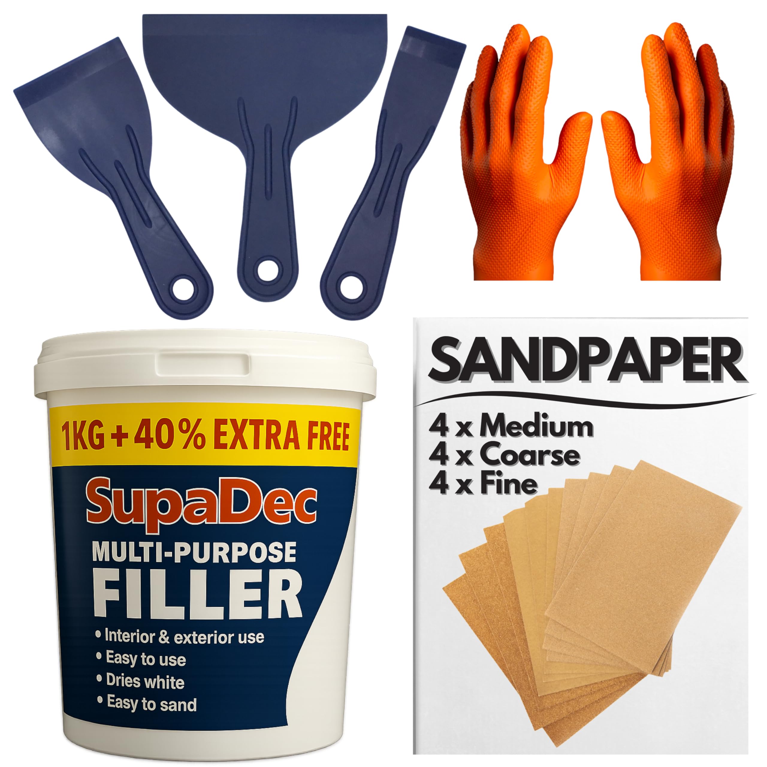 Wall Repair Kit With 1.4kg Ready Mixed Filler for Walls Holes & Gaps | 12 Assorted Sand Paper, Gloves & Plastic Filling Tools | Plaster & Wood Filler