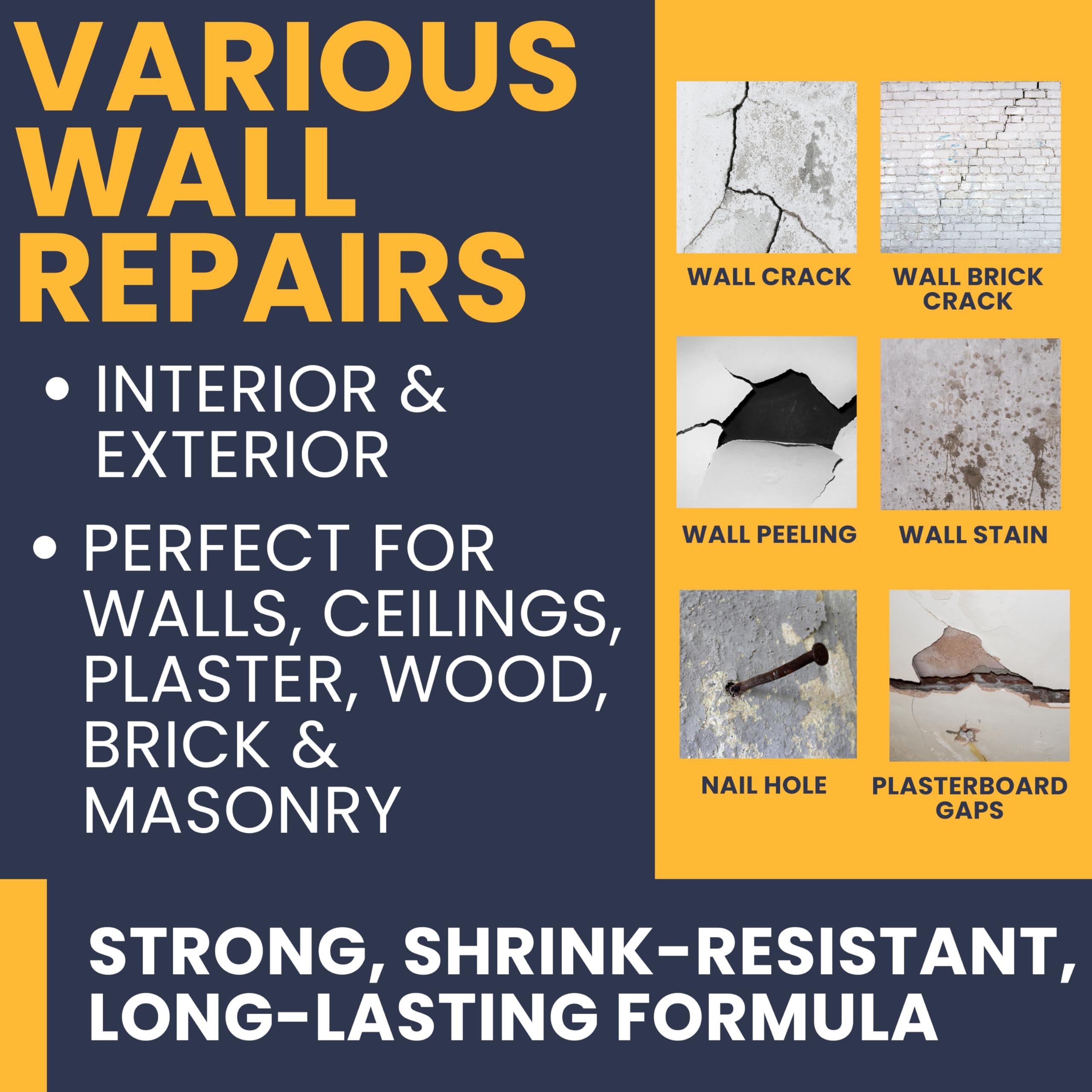 Wall Repair Kit With 1.4kg Ready Mixed Filler for Walls Holes & Gaps | 12 Assorted Sand Paper, Gloves & Plastic Filling Tools | Plaster & Wood Filler