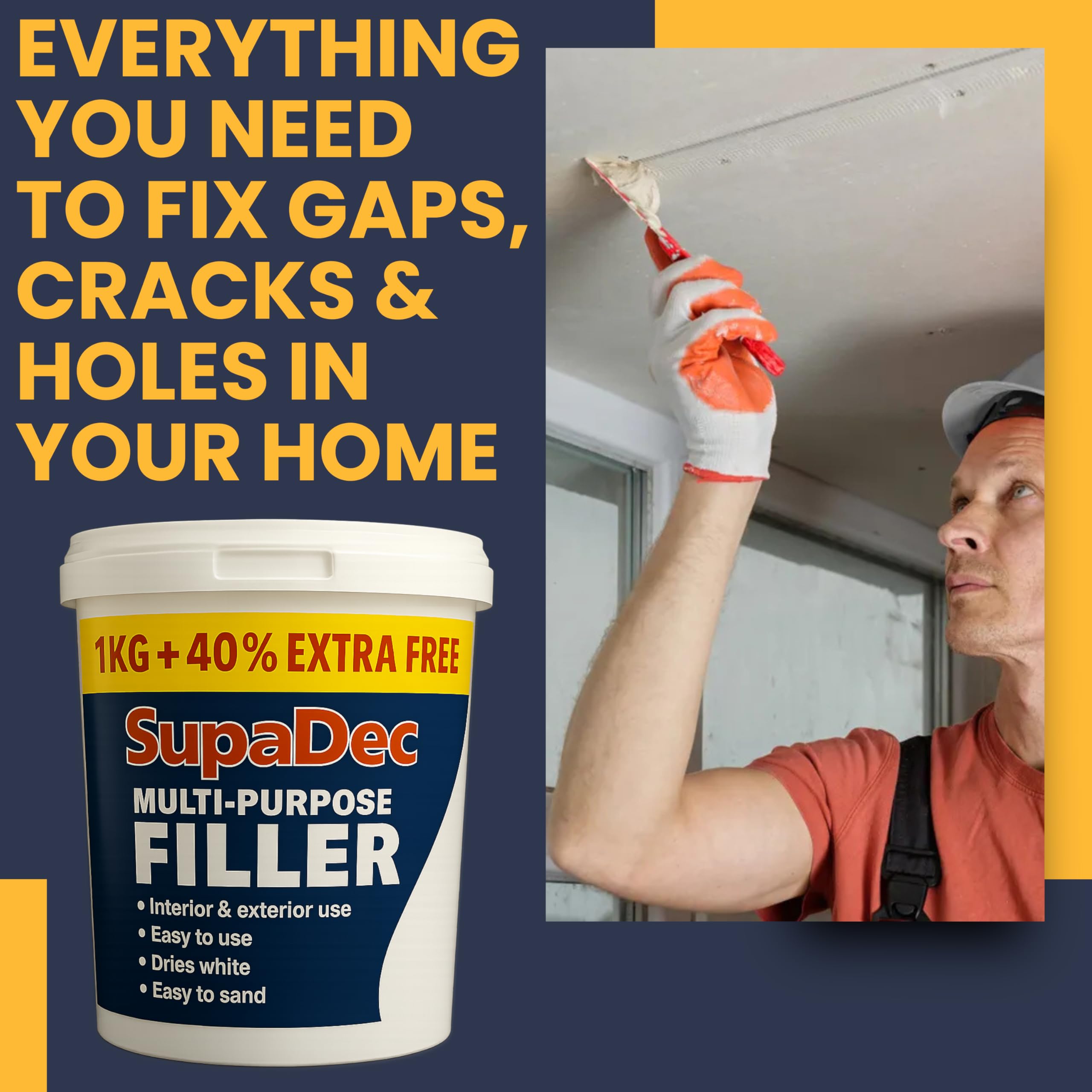 Wall Repair Kit With 1.4kg Ready Mixed Filler for Walls Holes & Gaps | 12 Assorted Sand Paper, Gloves & Plastic Filling Tools | Plaster & Wood Filler