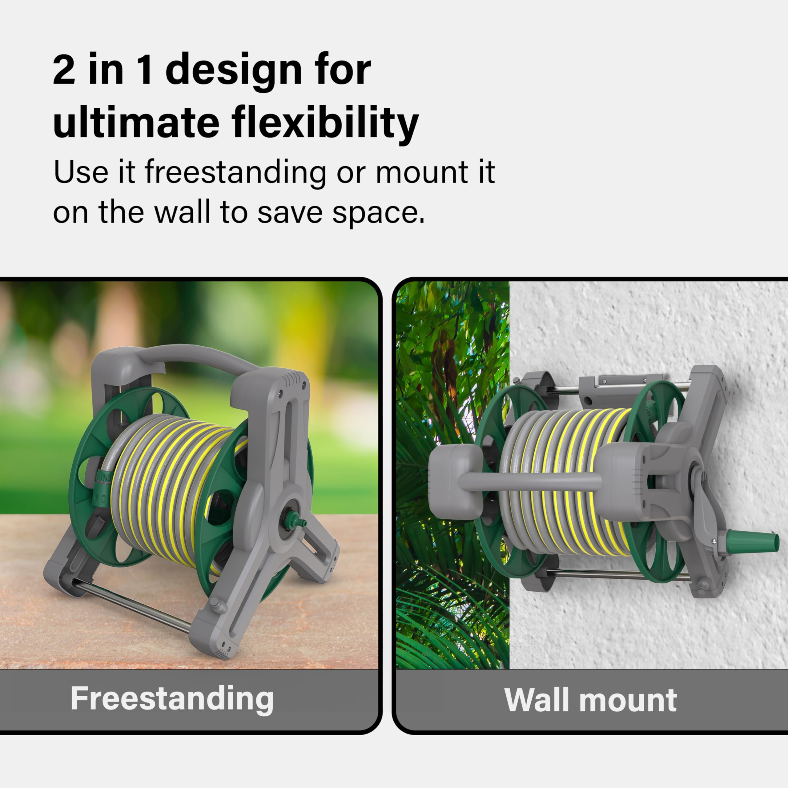 Garden Hose Reel 25M (ø 15 mm), 2-in-1 as Free Standing or Wall Mounted Garden Hose, Complete with Hose Guide, Nozzle and Fittings, Robust Frame for Stability, Compact Hose Reel Flexibility Use