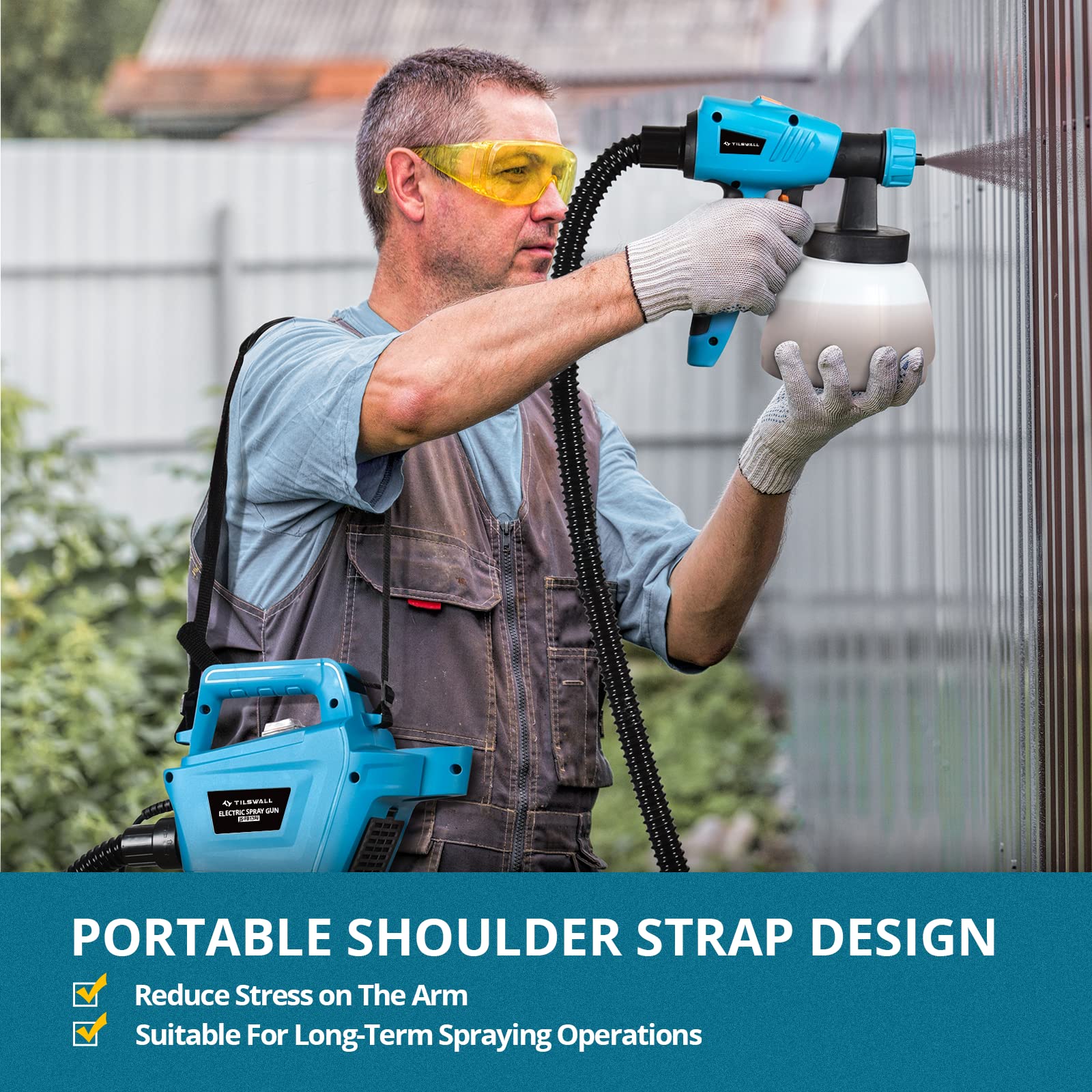 Fence Paint Sprayer Tilswall Pro 800W, Electric HVLP Paint Spray Gun with 3 Nozzle Sizes, 3 Spray Patterns, and 1300ML Detachable Container for Fences, Sheds, Decking, Garden Furniture