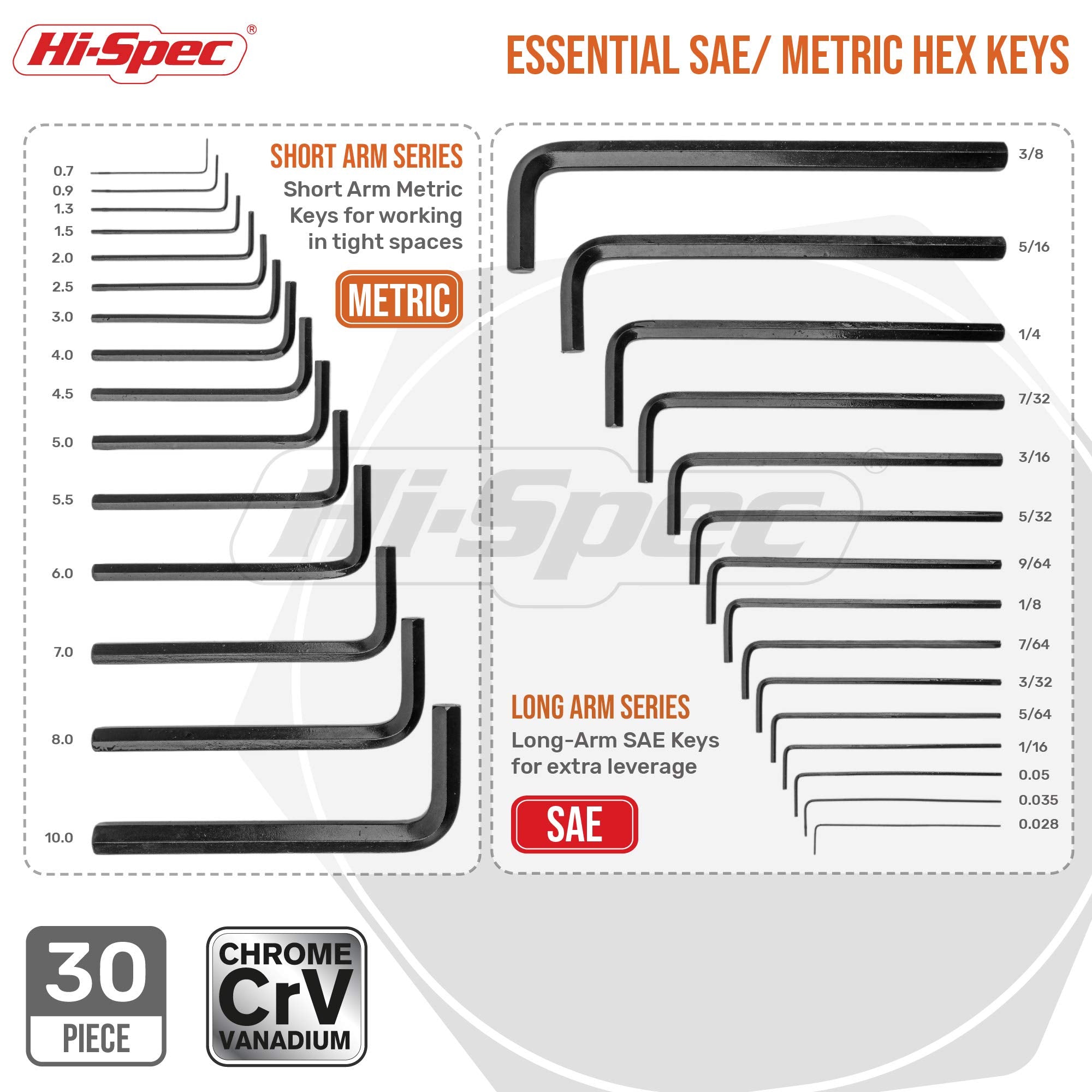 Hi-Spec 30pc Imperial & Metric Hex Allen Key Wrench Folding Set with Small & Large Sizes. Includes Mini 0.035” Up to Long 10mm