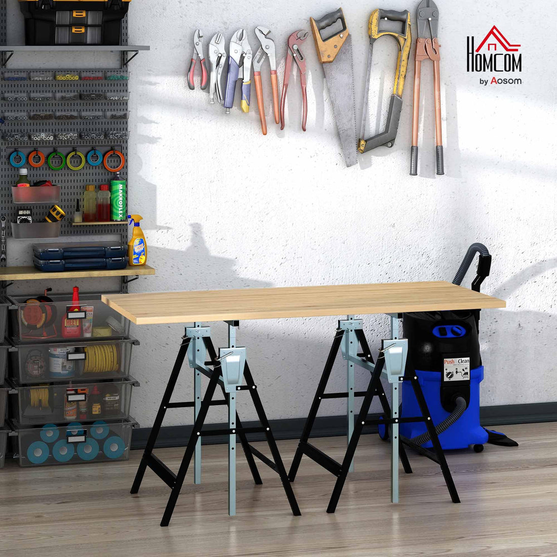 HOMCOM Set of 2 Adjustable Telescopic Builders Trestle, DIY Steel Work Bench Carpenter, Folding Saw Horse Tools Black