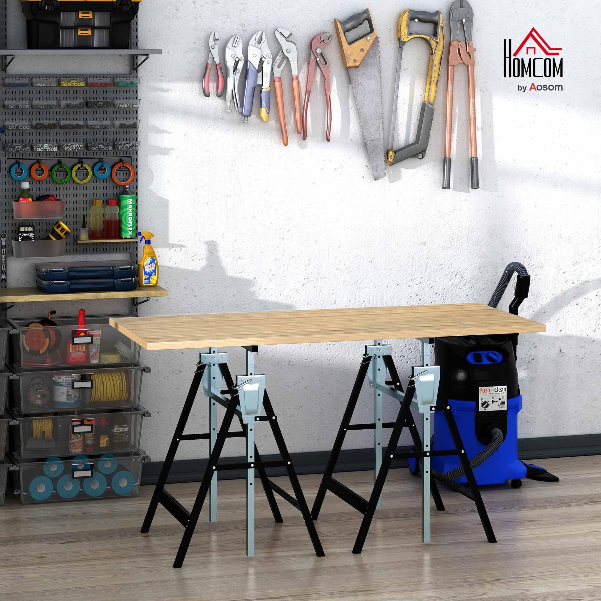 HOMCOM Set of 2 Adjustable Telescopic Builders Trestle, DIY Steel Work Bench Carpenter, Folding Saw Horse Tools Black