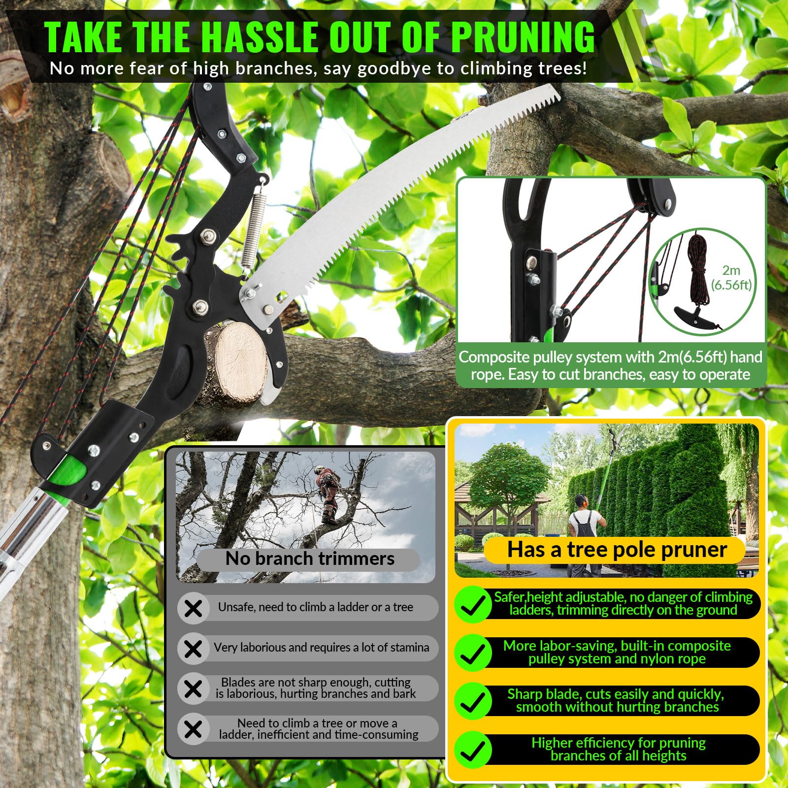 Pole Pruning Saw 30 Foot Long Handle Adjustable Length, Manual Pole Saw High Branch Scissors with Carry Bag and Sturdy Pole, Telescopic Tree Pruner Long Reach for Palm Oak High Branches