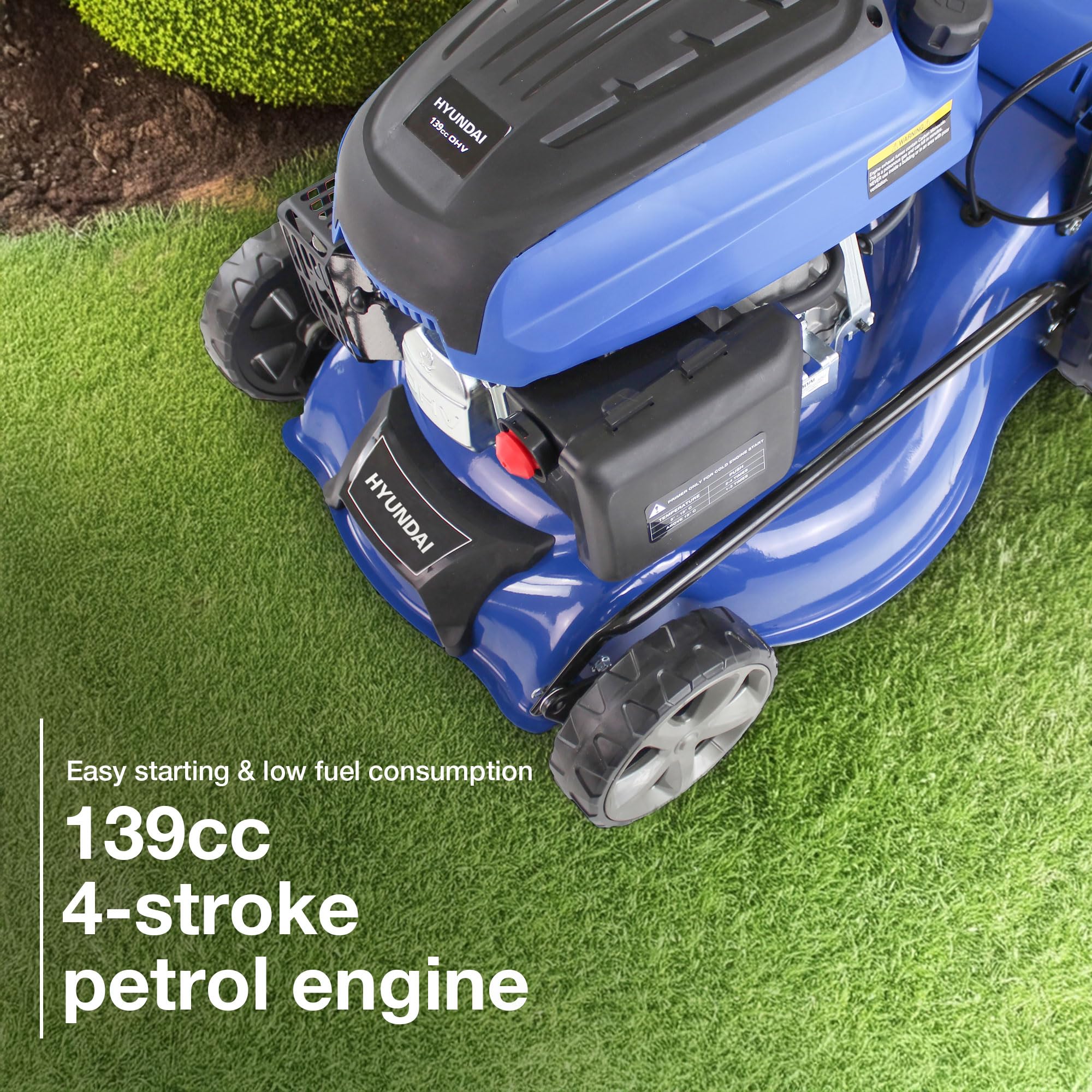 Hyundai Petrol Self Propelled Lawnmower, 17"/43cm 139cc, Recoil Pull Start, 5 Adjustable Cutting Heights, Large 45l Grass Collector Bag, Foldable Handles, 3 Year Warranty,