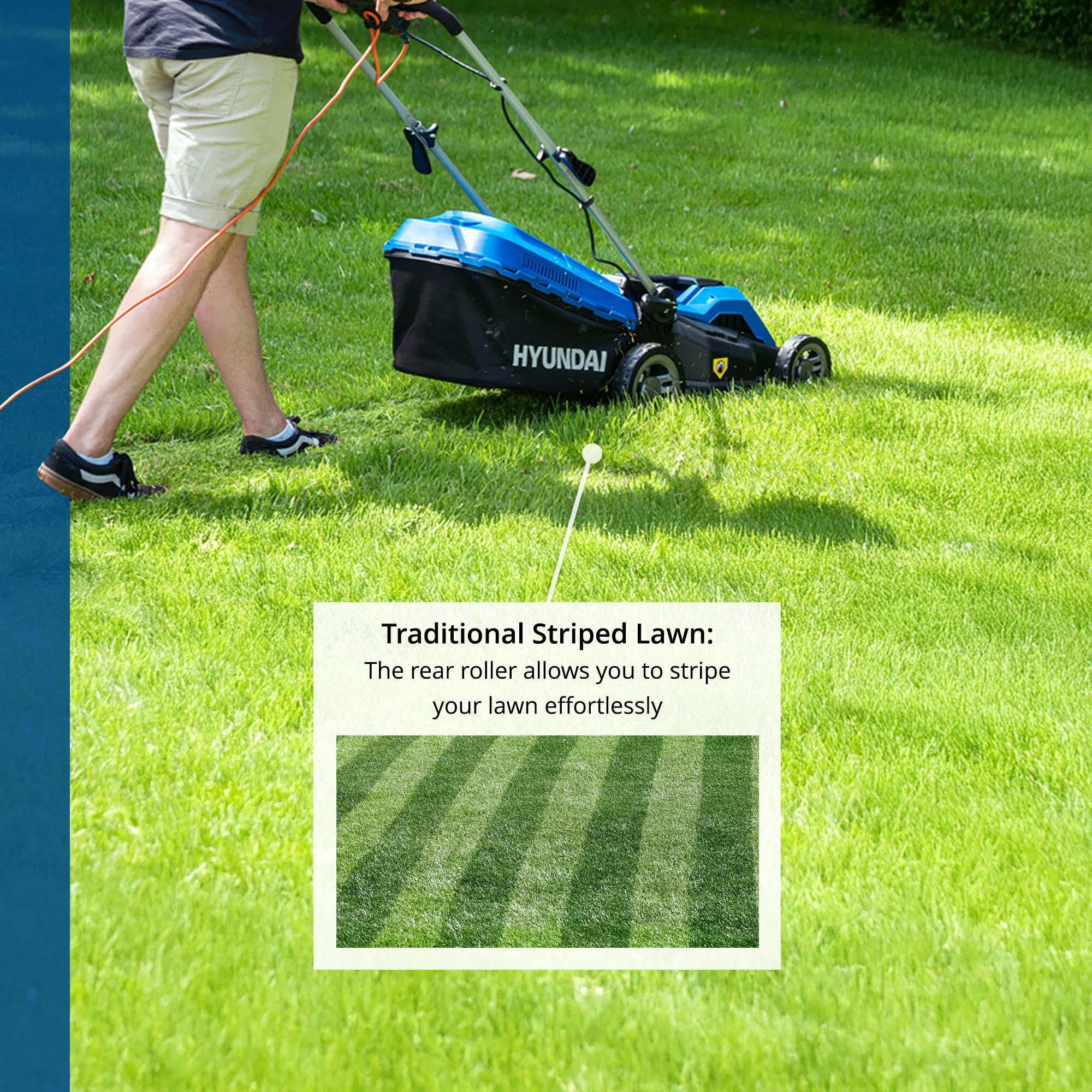 Hyundai 15'' / 38cm 1600w Electric Lawnmower with Rear Roller with Mulching Feature 40 Litre Collection Bag and 5 Cutting Heights with 10m Power Cable