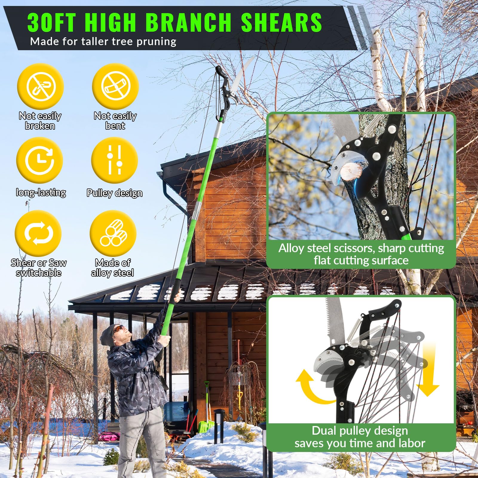 Pole Pruning Saw 30 Foot Long Handle Adjustable Length, Manual Pole Saw High Branch Scissors with Carry Bag and Sturdy Pole, Telescopic Tree Pruner Long Reach for Palm Oak High Branches