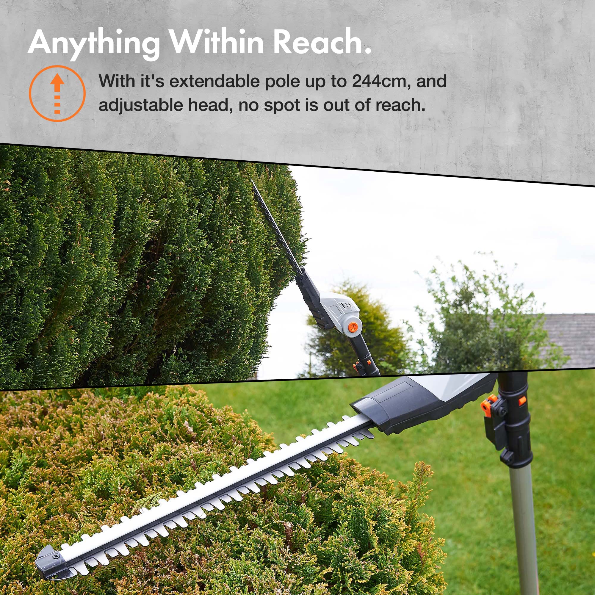 VonHaus Pole Hedge Trimmer Cordless – Long Reach Telescopic Extendable Cutter for Hedges, Bushes, Branches, Shrubs – 20V Battery, Charger, Shoulder Strap, 135° Adjustable Head, Dual Action Blades