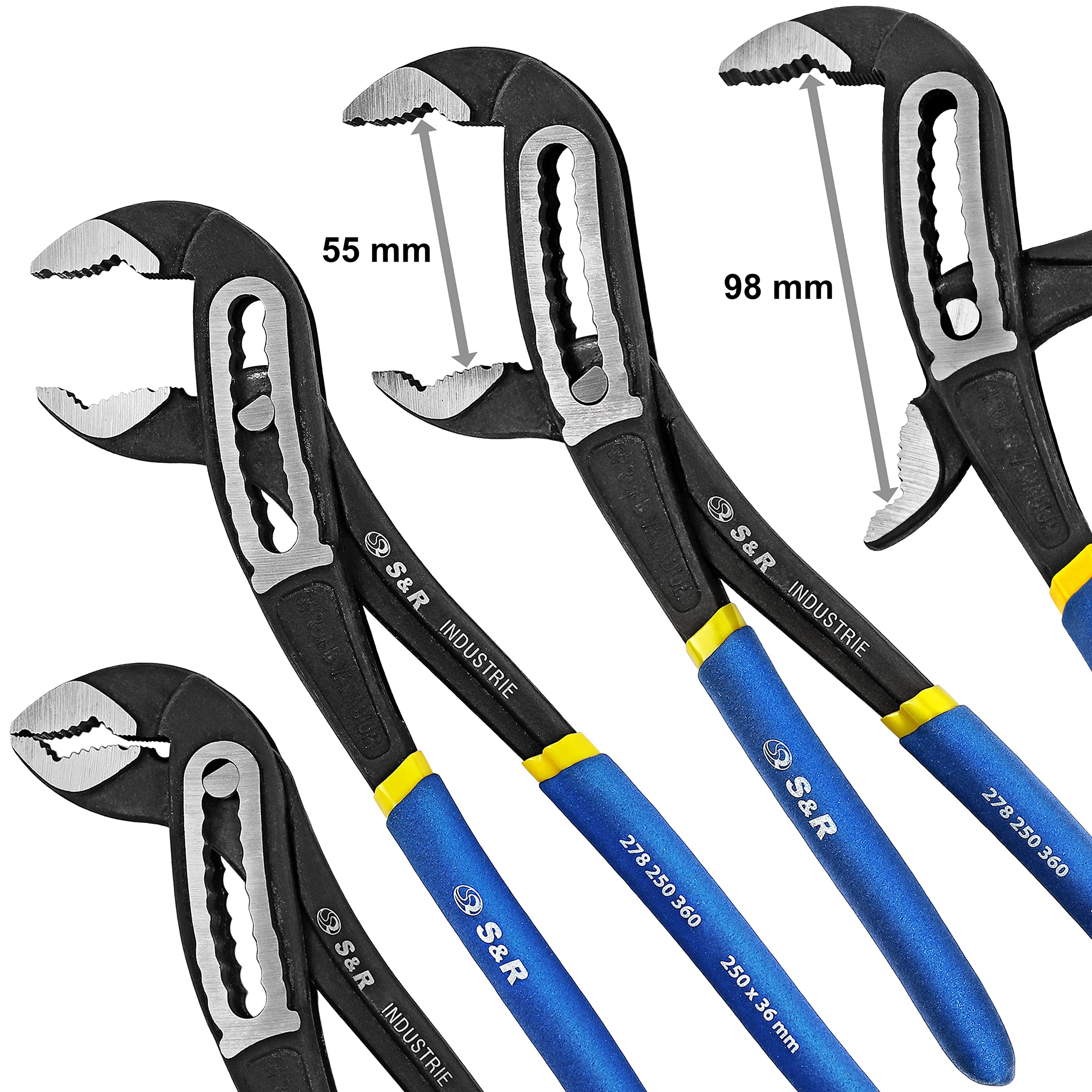 S&R Water Pump Pliers, 250mm Pipe Wrench – CR-V Steel, 55mm Opening Width, Double-Coated Secure Handles