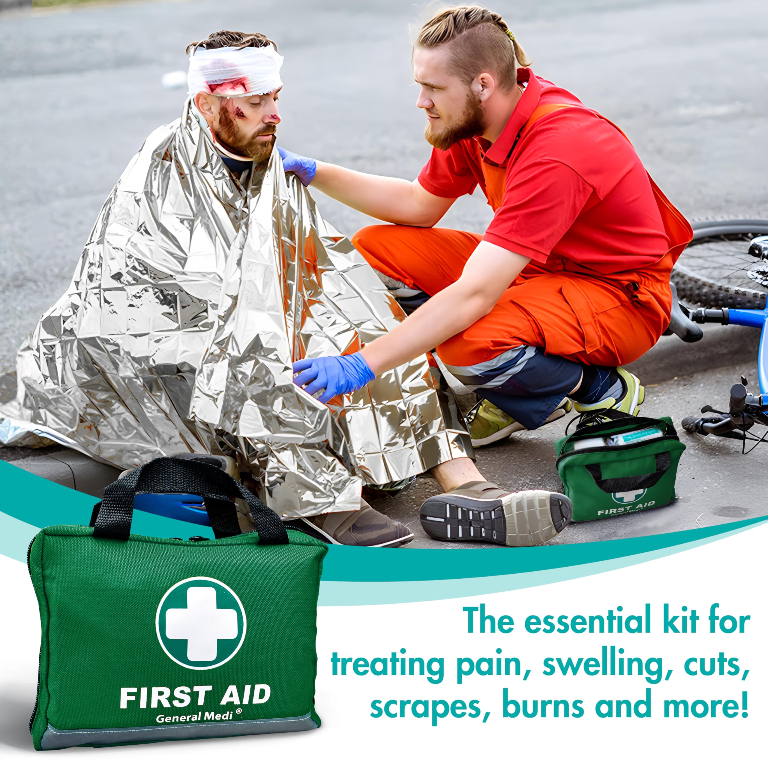 General Medi 210 Piece First Aid Kit- Emergency kit - Reflective Design - Includes Ice(Cold) Pack, Moleskin Pad and Emergency Blanket for Travel, Home, Office, Car, Workplace & Outdoor