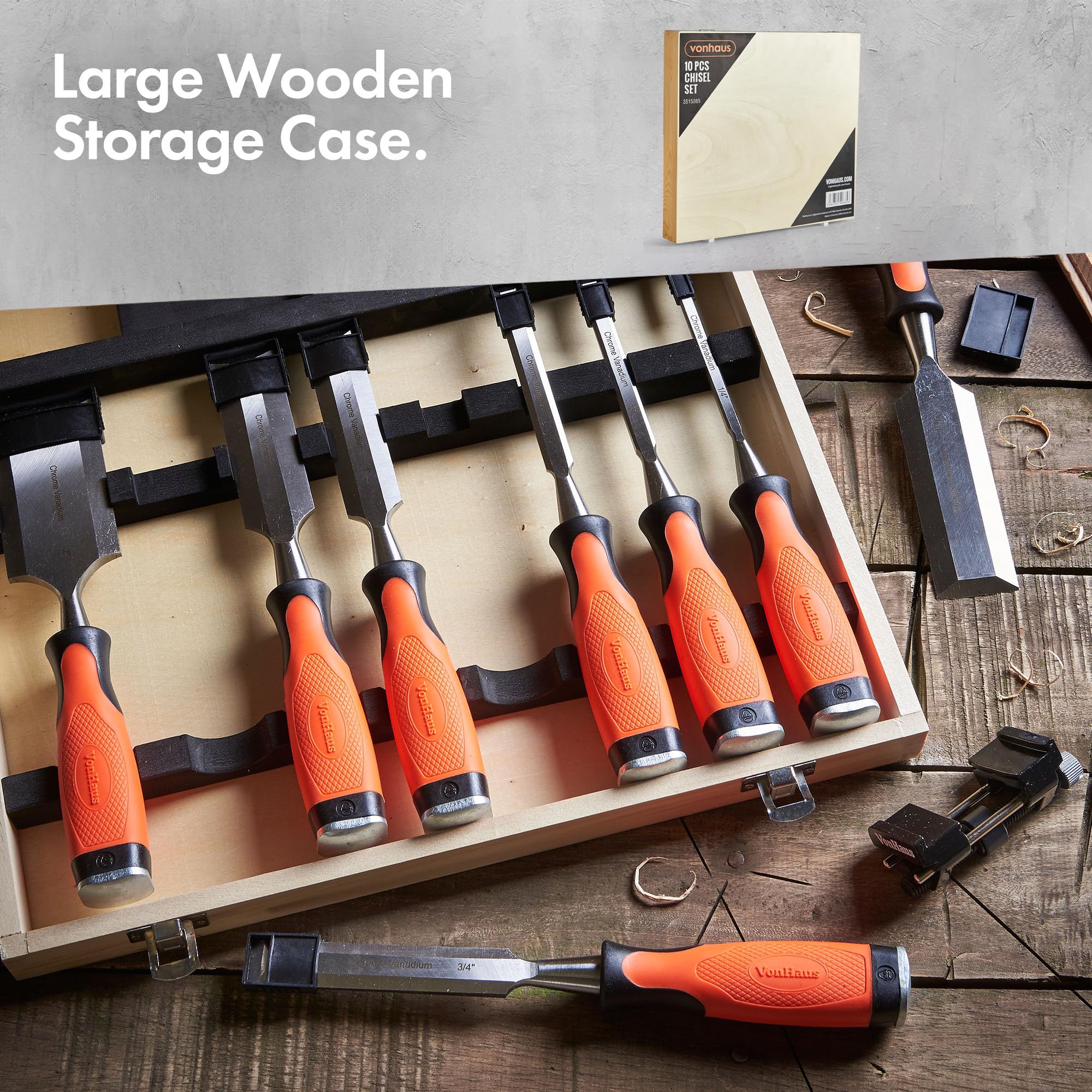 VonHaus Chisel Set - 10pcs Woodworking Tools Set - Wood Carving Tools, Wood Chisel Sets with Sharpening Stone, Honing Guide and Storage Case