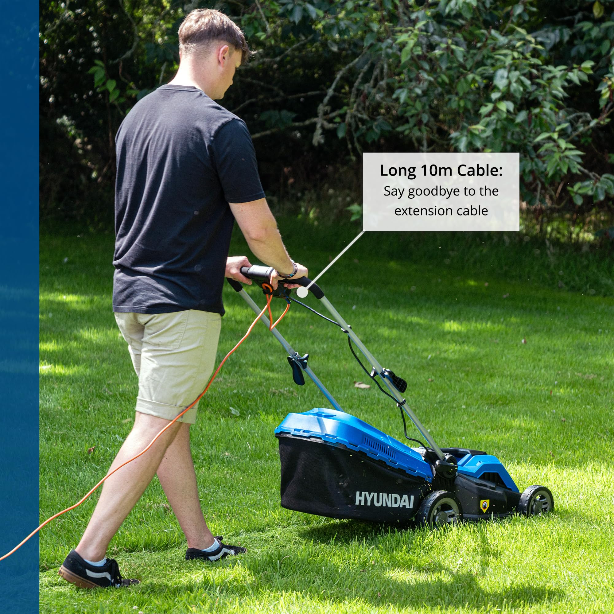 Hyundai 15'' / 38cm 1600w Electric Lawnmower with Rear Roller with Mulching Feature 40 Litre Collection Bag and 5 Cutting Heights with 10m Power Cable