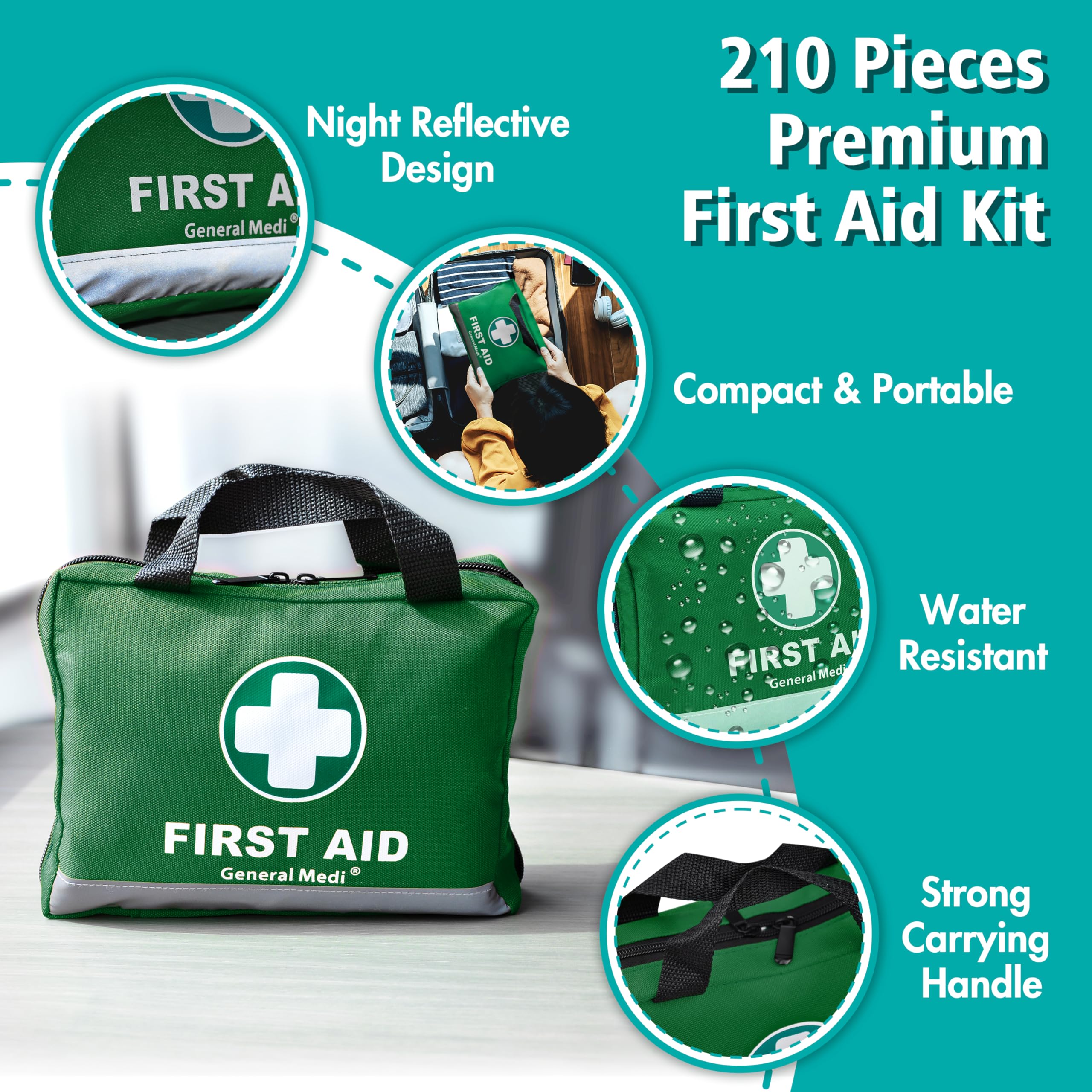 General Medi 210 Piece First Aid Kit- Emergency kit - Reflective Design - Includes Ice(Cold) Pack, Moleskin Pad and Emergency Blanket for Travel, Home, Office, Car, Workplace & Outdoor