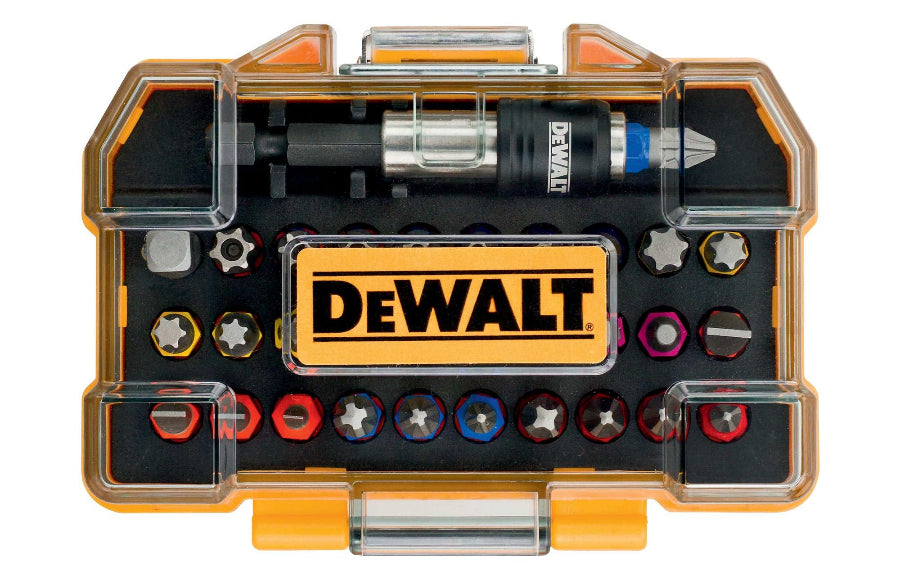 DEWALT tool set with various bits and drill bit storage on a white background