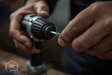 Person using a drill with a close-up of hands and tool